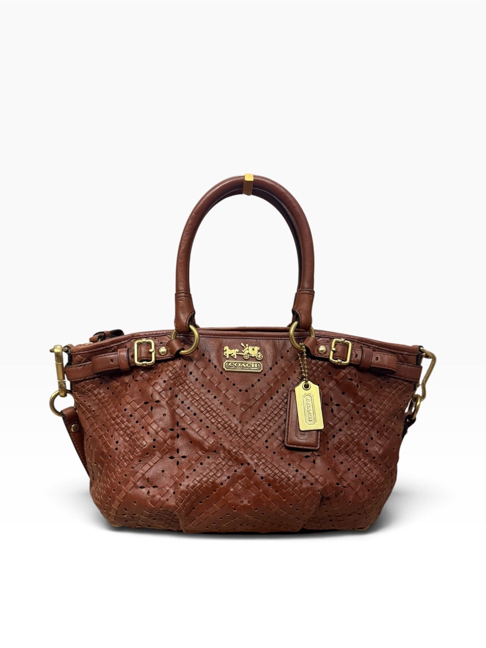 Coach Madison Sophia Criss Cross Woven Leather Satchel Brown 19837